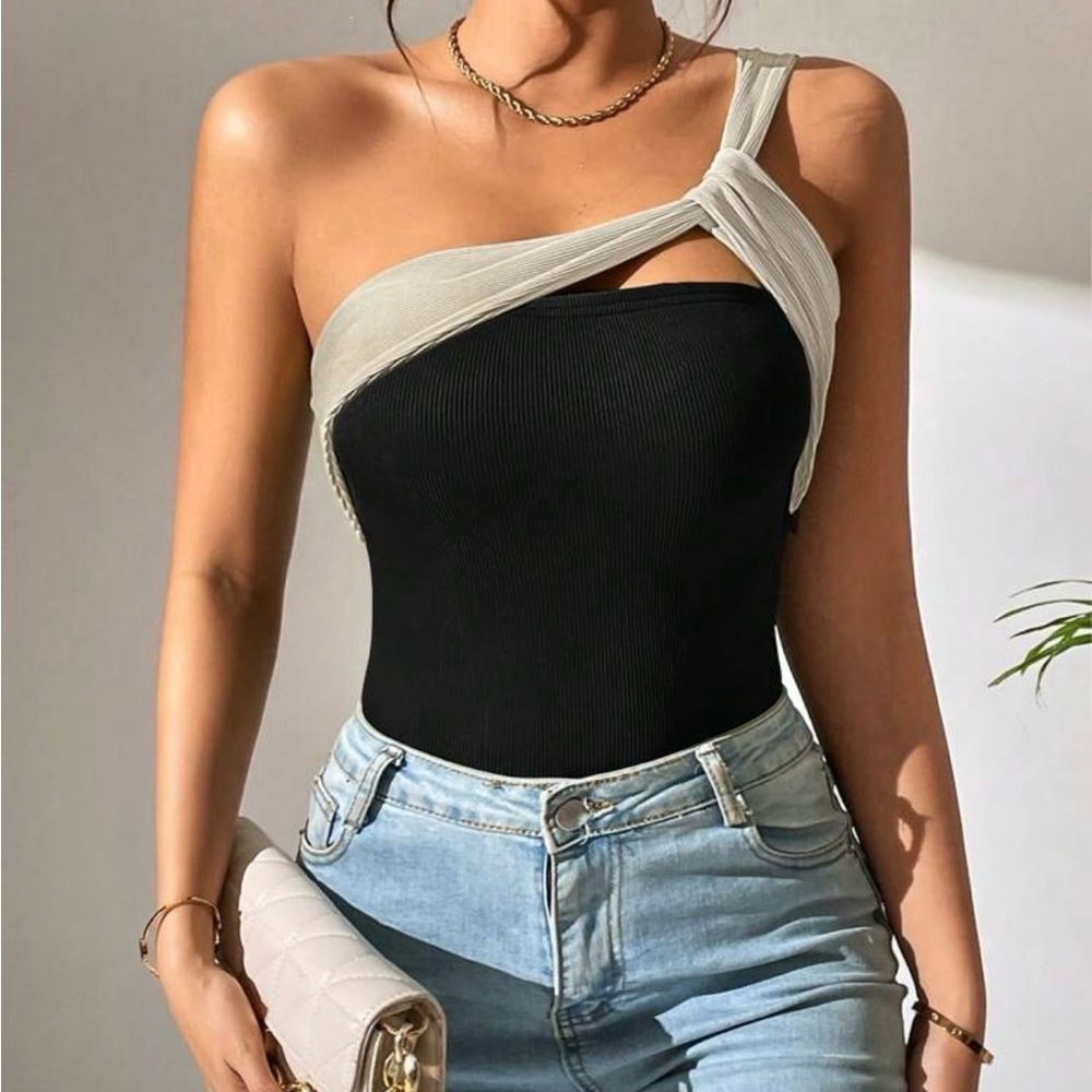 Two Tone One Shoulder Cut Out Bodysuit
